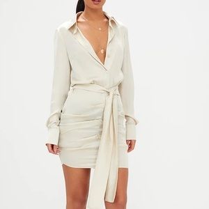 PrettyLittleThing Champagne Satin Ruched Shirt Dress